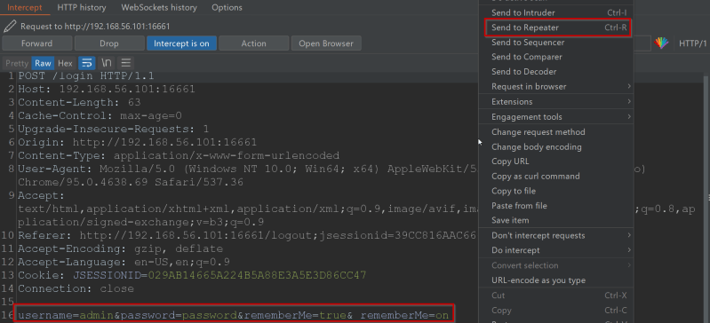 Screenshot showing captured login request