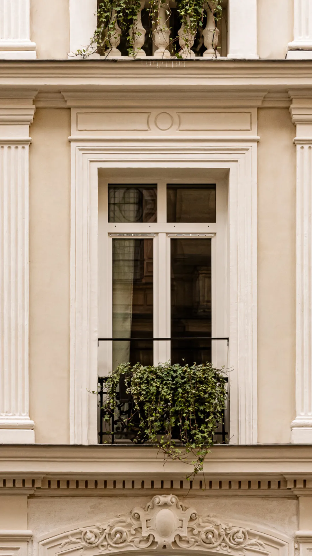 Fenêtre blanche avec balustrade noire et plantes vertes tombant sur une façade beige ornée.