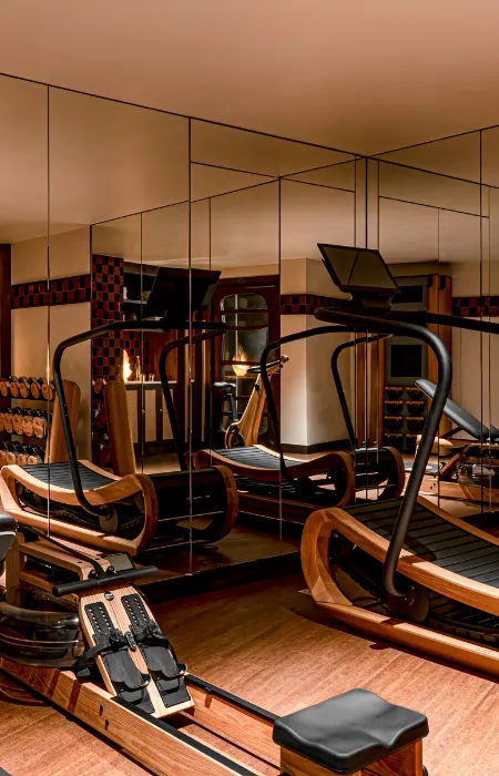 Salle de sport avec un rameur en bois, tapis de course et murs entièrement en miroirs.
