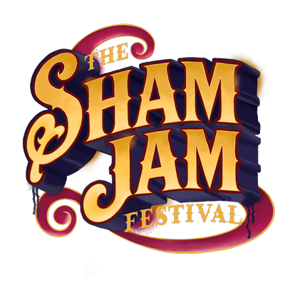 The Sham Jam Festival logo with decorative text in gold and purple on a black background.