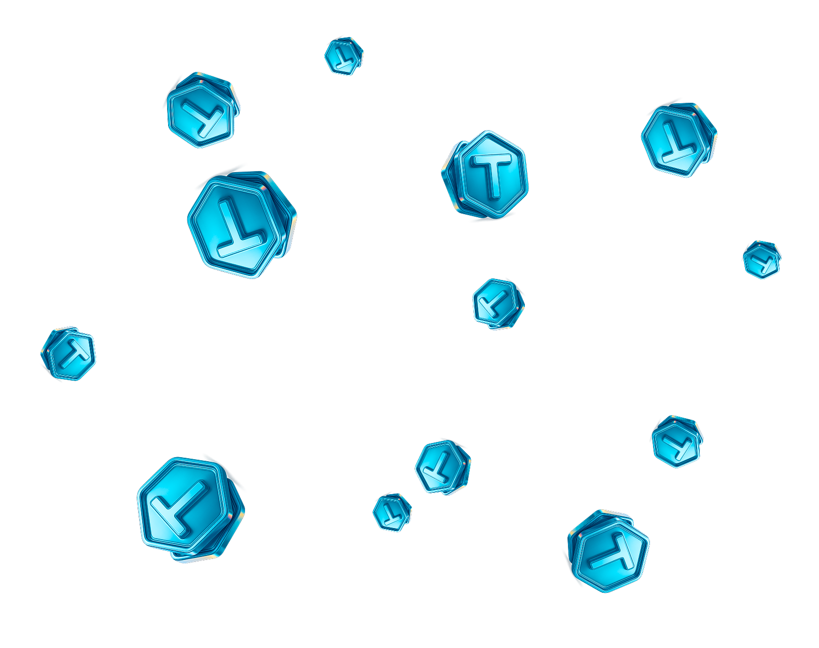 Multiple shiny blue hexagonal tokens with a raised 'T' symbol floating against a black background.
