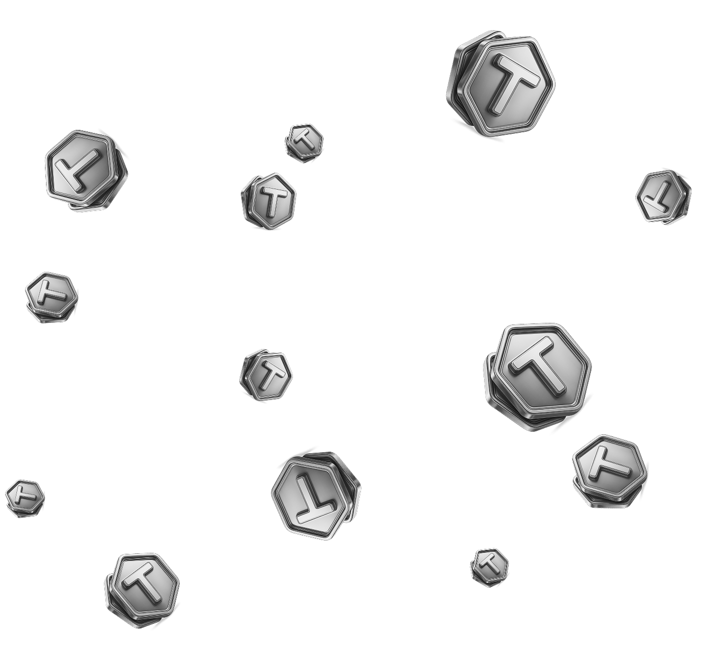 Floating stacks of shiny metallic hexagonal tokens with a raised letter 'T' on a black background.