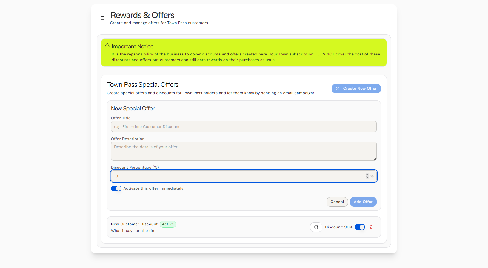 User interface for creating and managing rewards and special offers for Town Pass customers, showing a form to add a new special offer with fields for offer title, description, discount percentage set to 10%, and options to activate immediately, plus a highlighted notice that businesses cover discount costs and a list with an active 90% discount offer.