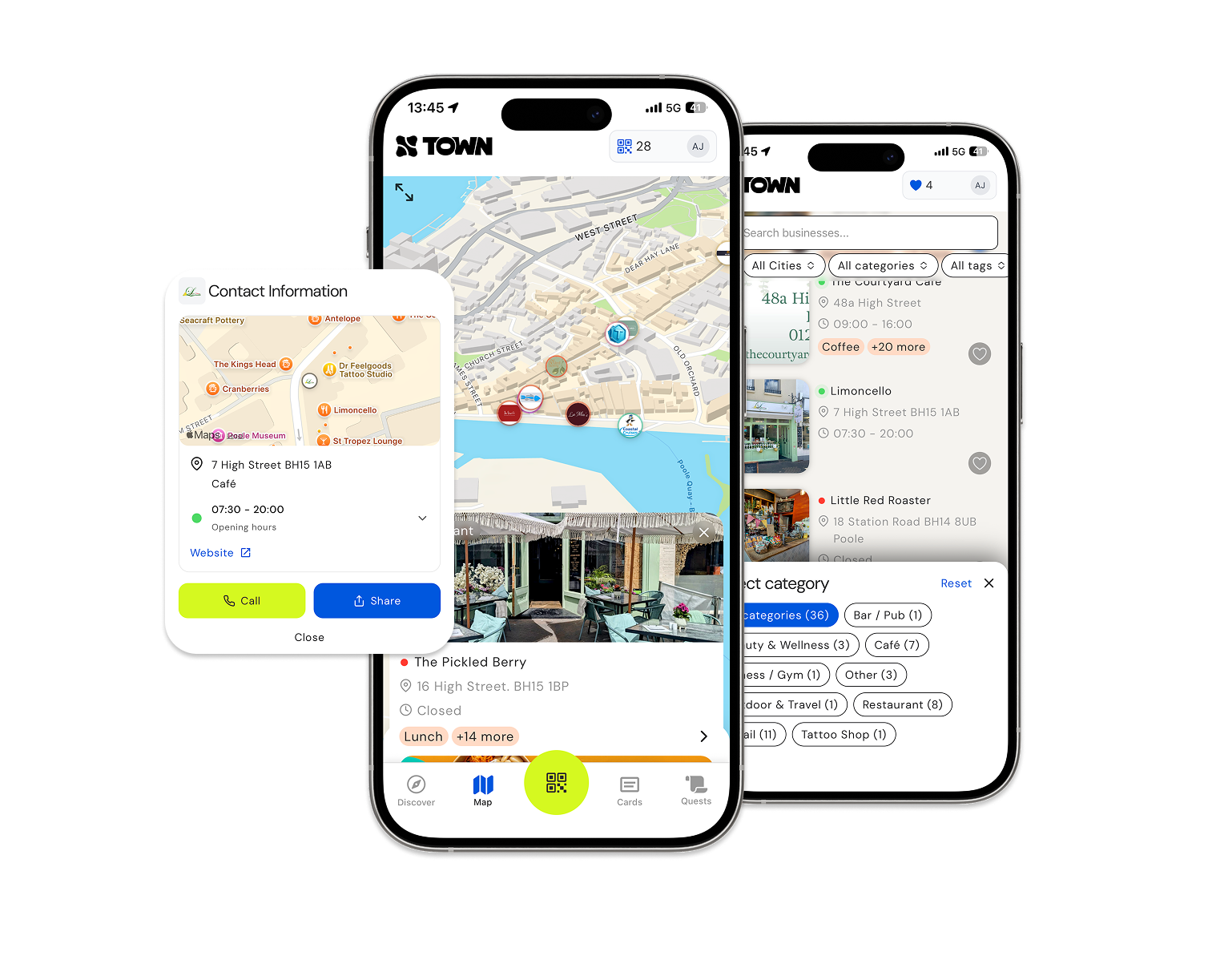 Two smartphones showing the TOWN app interface with a city map featuring location pins, place details including a café at 7 High Street with opening hours and options to call or share, and a business list filter by city, category, and tags.