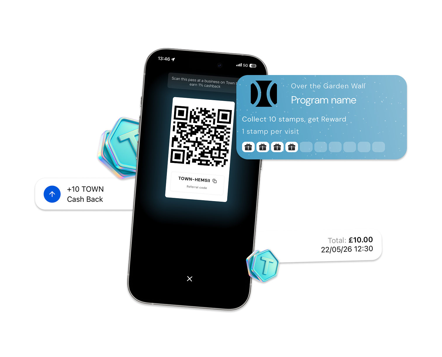 Smartphone displaying a QR code with referral code 'TOWN-HEM5II' on screen. Surrounding the phone are graphics showing a loyalty card titled 'Over the Garden Wall Program name' with 4 stamps collected out of 10. Text notes '+10 TOWN Cash Back' and a receipt of £10.00 dated 22/05/26 12:30 also appear alongside digital token icons with a 'T'.