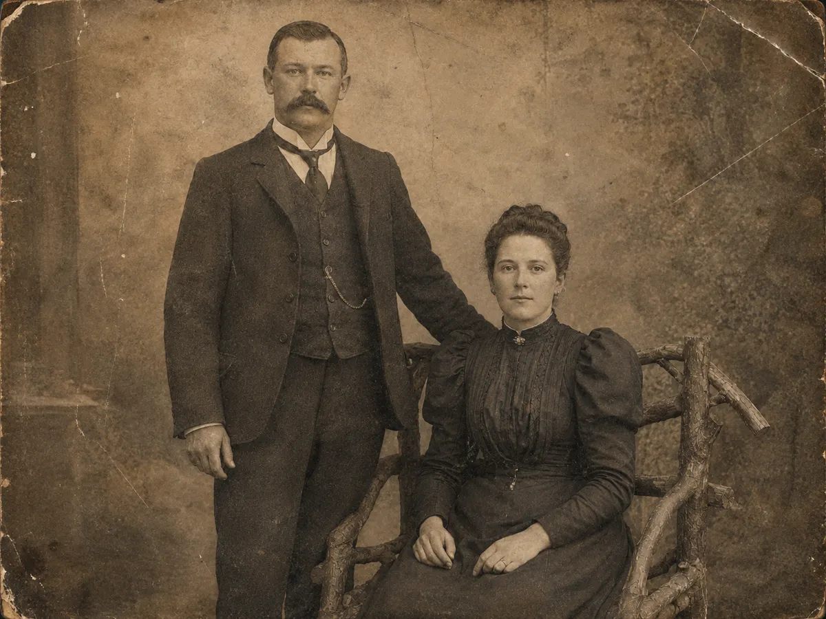 A faded, damaged sepia family portrait before restoration