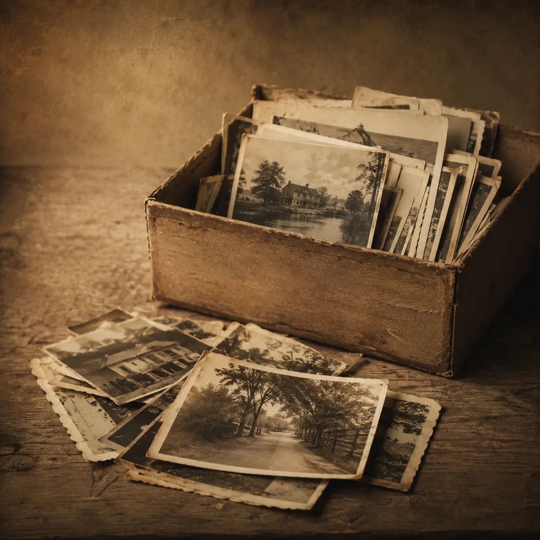 An old shoebox of loose family photographs waiting to be scanned