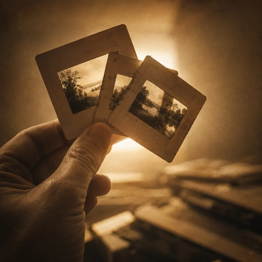 A hand holding 35mm slides up to the light