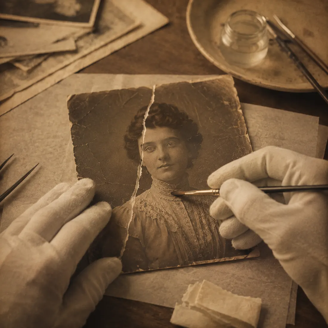 Gloved hands carefully repairing a torn vintage portrait photograph