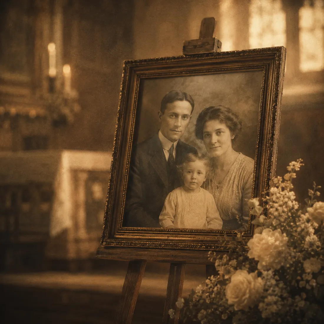 A framed family portrait displayed on an easel beside memorial flowers