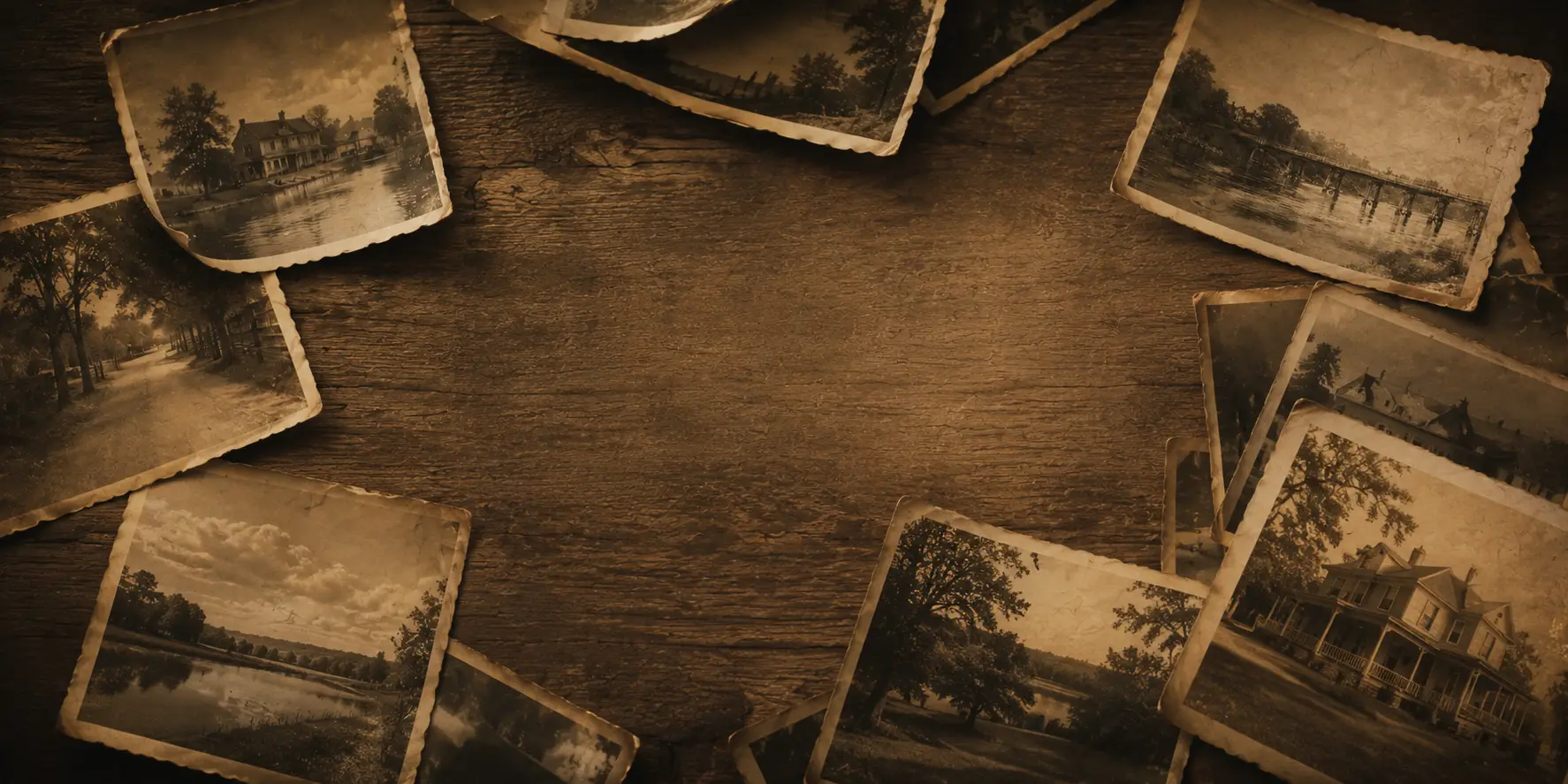 Aged photographs and paper documents laid out on a dark timber table
