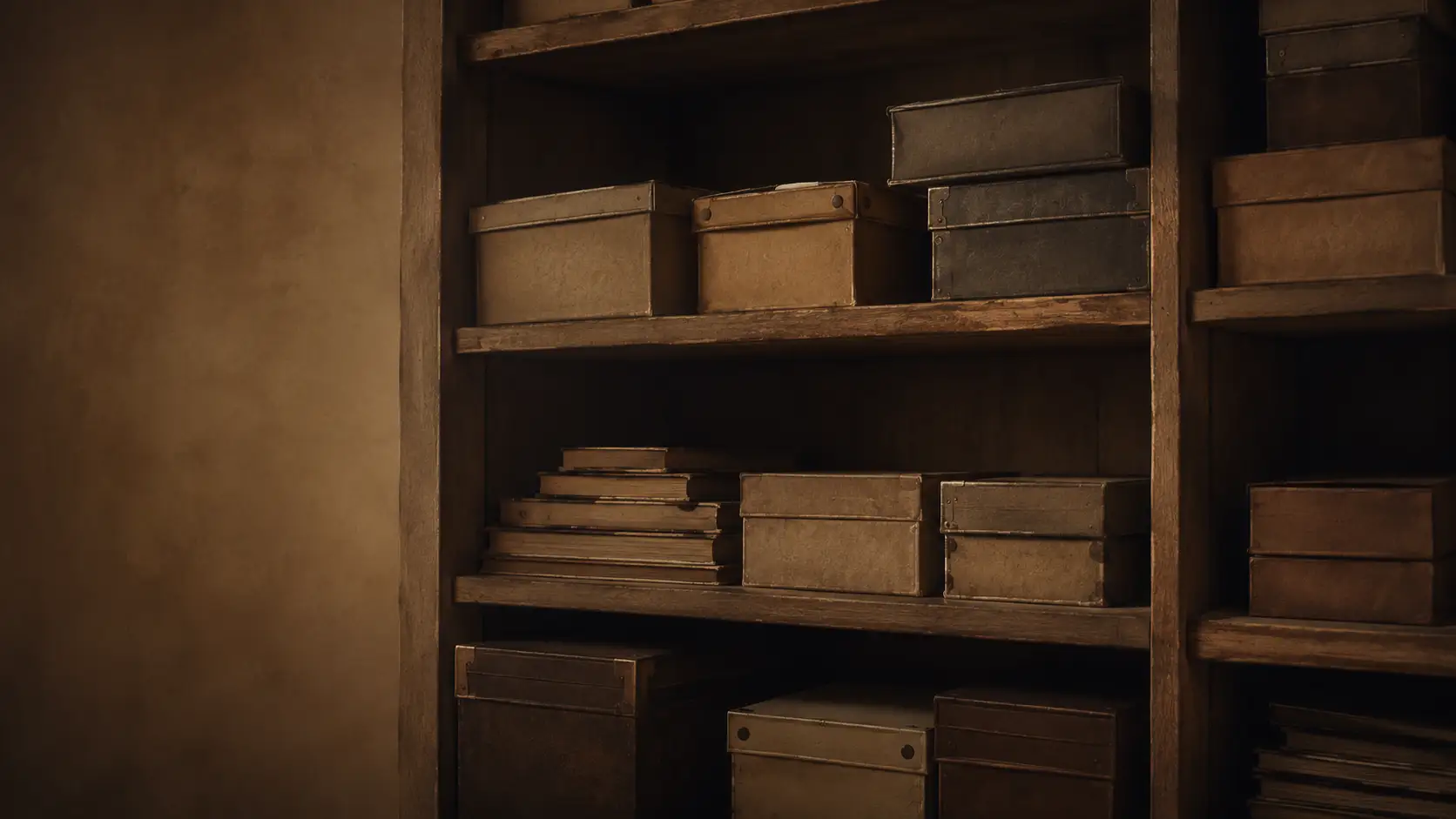 Rows of labelled archive boxes on timber shelves