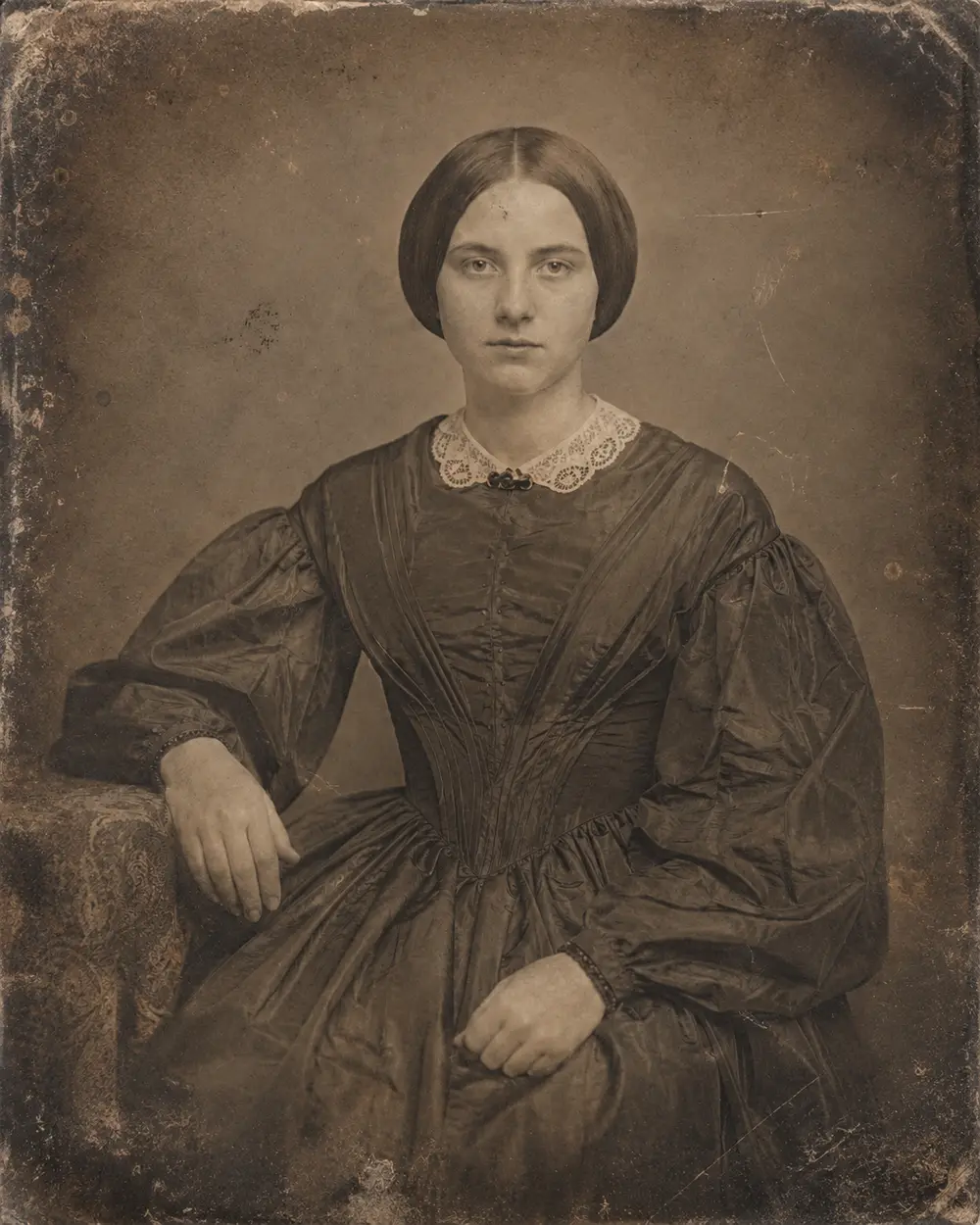 The same portrait before restoration, faded and scratched