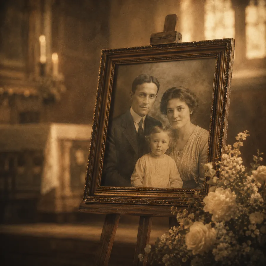 A restored framed photograph displayed on a wooden easel