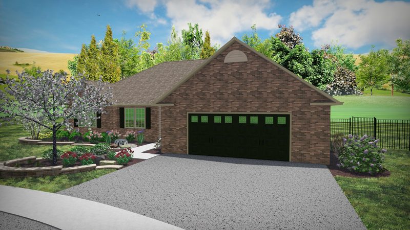 3D landscape design rendering of a Sycamore, IL front yard custom designed by Custom Scapes & Designs, showing proposed plantings and hardscape before installation.