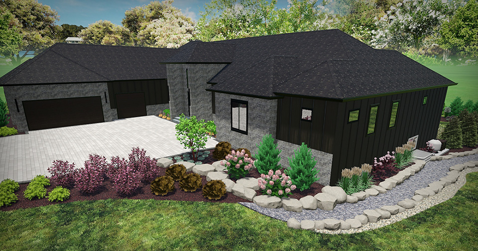 3D landscape design rendering of the Ranallo Residence in Elgin, showing stone accents, plantings and decorative rockwork.