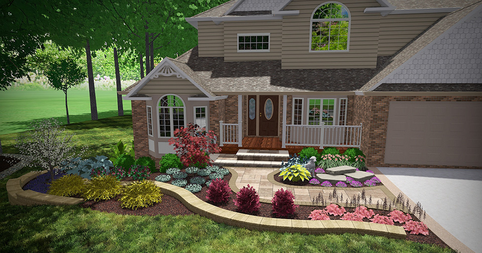 3D landscape design rendering of the Richards Residence in Hinckley, showing curved front beds, stone edging and a new walkway.