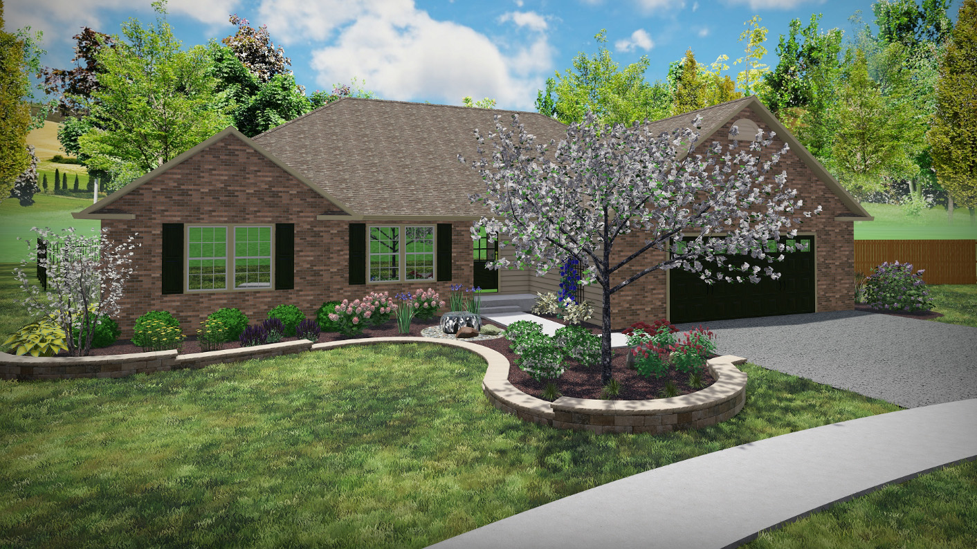3D landscape plan of the Garcia Residence in Sycamore, showing a curved stone-bordered walkway and new beds.