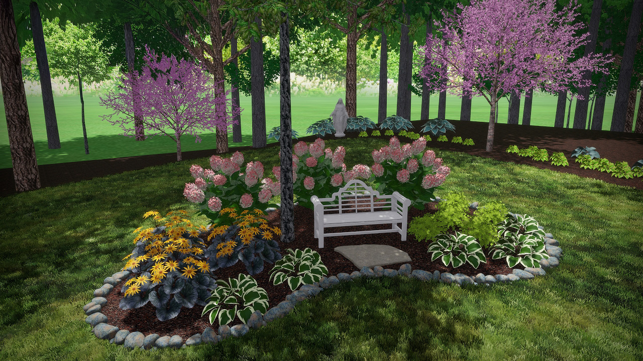 3D landscape design rendering of the Richards Residence in Hinckley, showing a shaded garden bed with a white bench and flowering trees.