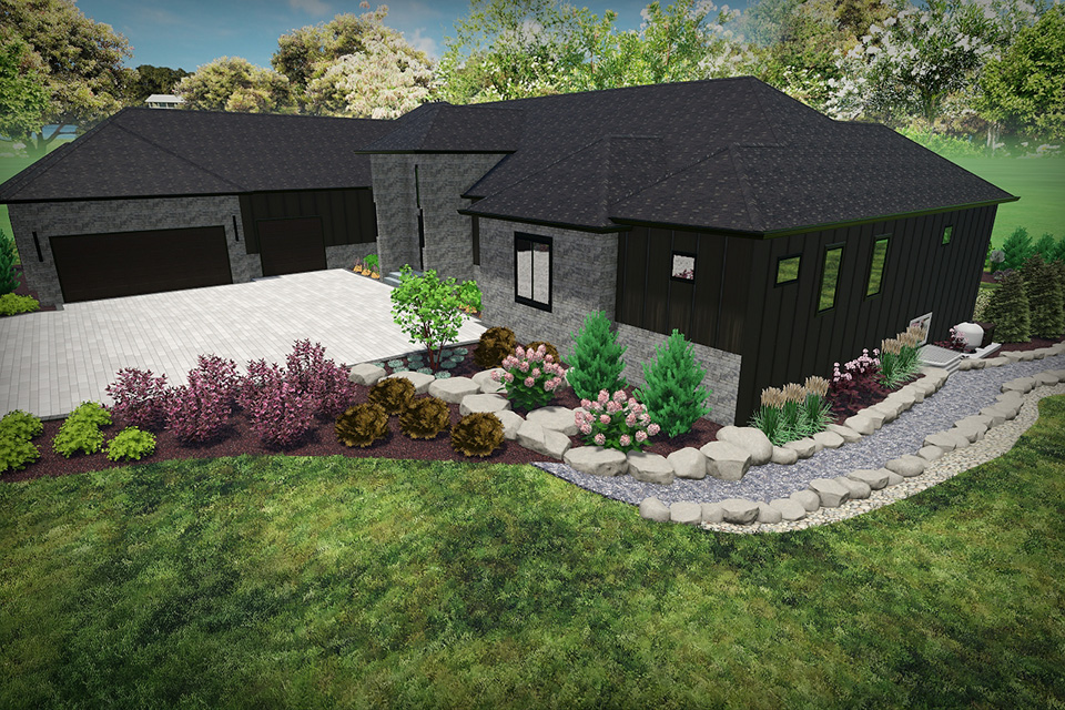 3D landscape design rendering of the Ranallo Residence in Elgin, showing a stone pathway, boulder edging and new planting beds.