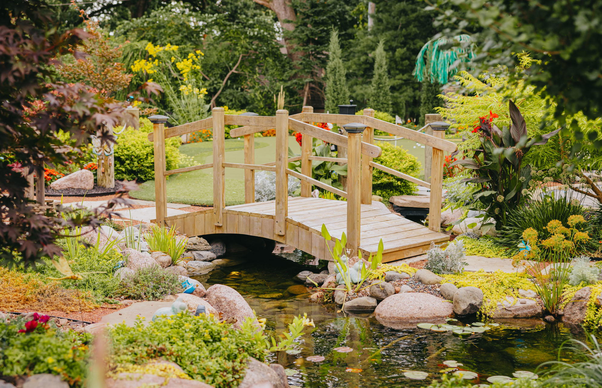 Timber bridge crossing a planted pond edged with boulders and flowering perennials.