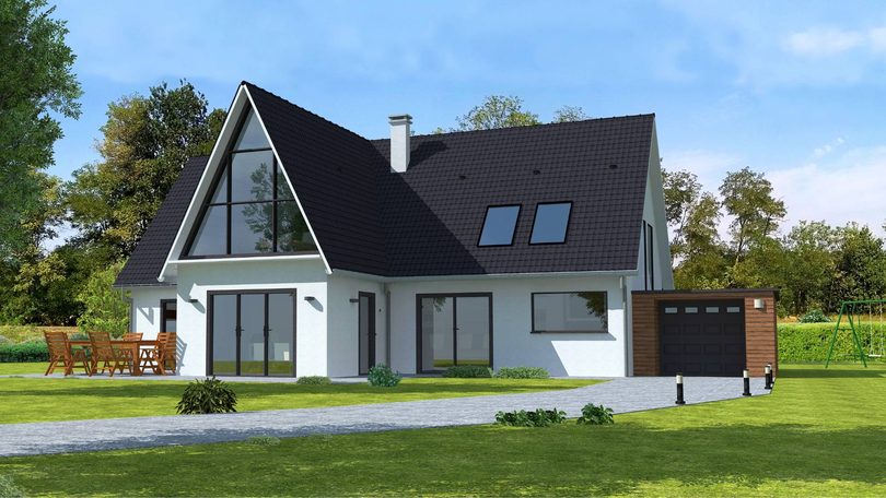 3D rendering of a home exterior with a proposed custom landscape design.