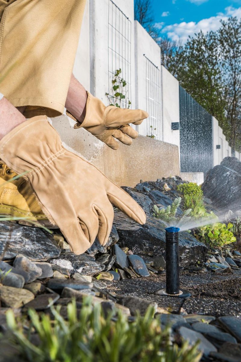 A Custom Scapes & Designs technician adjusting a garden sprinkler system on a Chicago suburb lawn before winterization in northern Illinois.