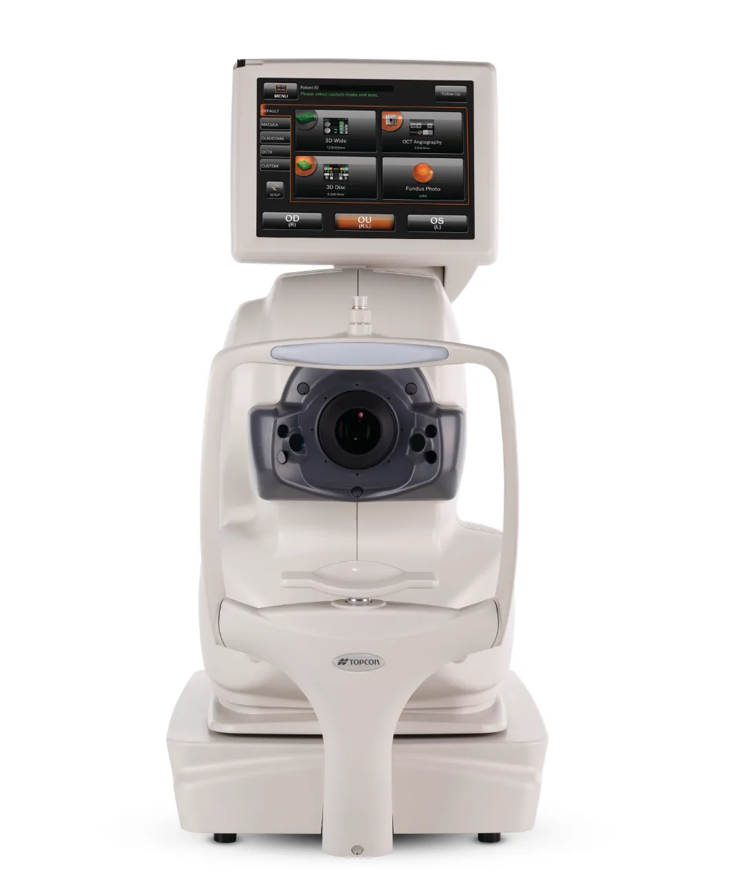 Topcon Maestro2 eye imaging device with touchscreen displaying scan options for OCT and fundus photo.