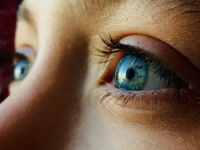 Close-up of a child's blue eye showing detailed iris and eyelashes in soft natural light.