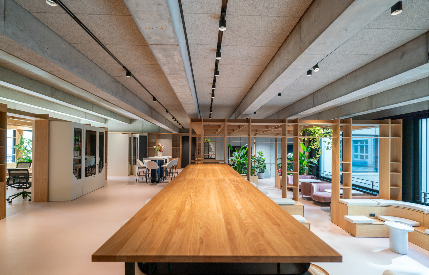 Moderner Coworking-Space mit langem Holztisch in der Mitte, Sitzbereichen aus Holz mit weißen Polstern, Grünpflanzen und Betonwänden mit sichtbaren Deckenbalken.
