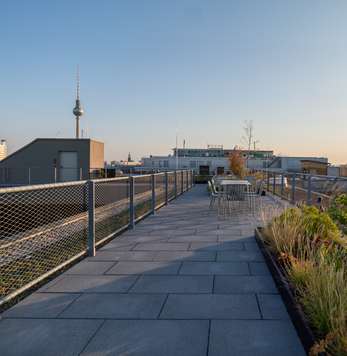 Dachterasse mit Metallzaun und gepflastertem Weg, Metalltisch und Stühlen in der Mitte, Pflanzen rechts, Fernsehturm im Hintergrund bei klarem Himmel.