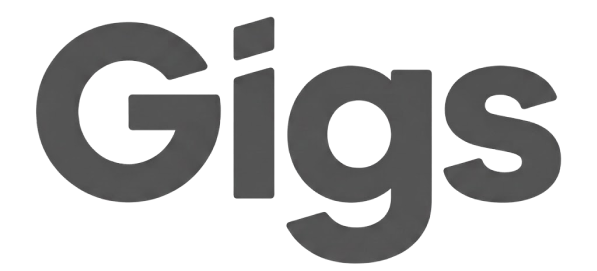 Das Wort 'Gigs' in fetten, schwarzen Buchstaben auf transparentem Hintergrund.