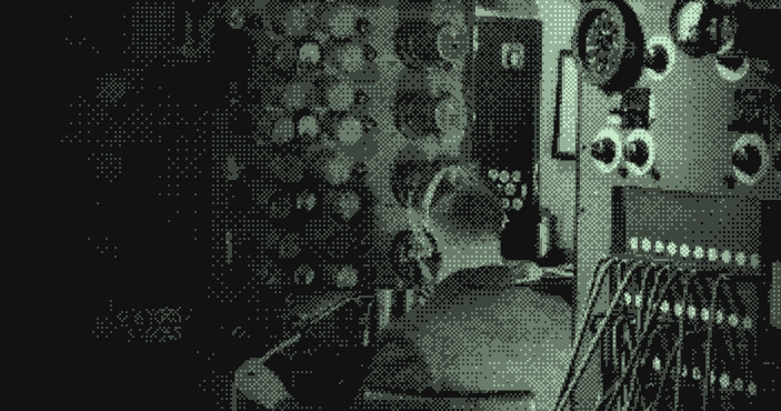 An operator at a wall of dials and patch cables, rendered as a green dither