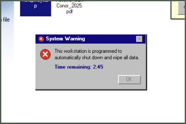 DLP98 game screenshot: System Warning countdown dialog