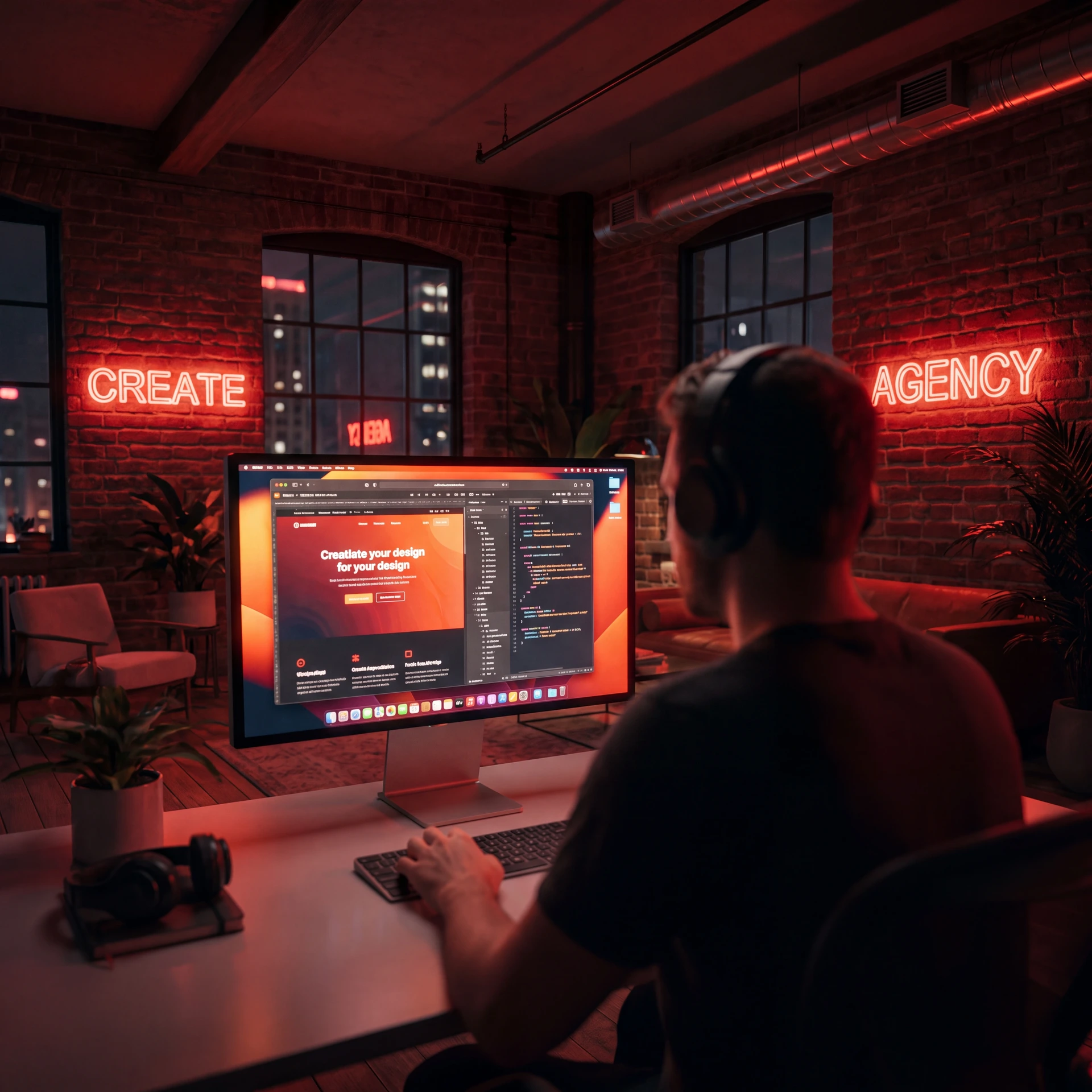 Webentwicklung bei DREMAZE Media: Entwickler arbeitet am Website-Code in einem Loft mit Neonbeleuchtung