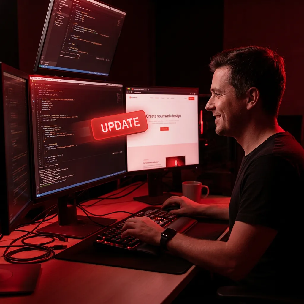 Website-Wartung: Entwickler aktualisiert eine Website an mehreren Monitoren mit Update-Hinweis