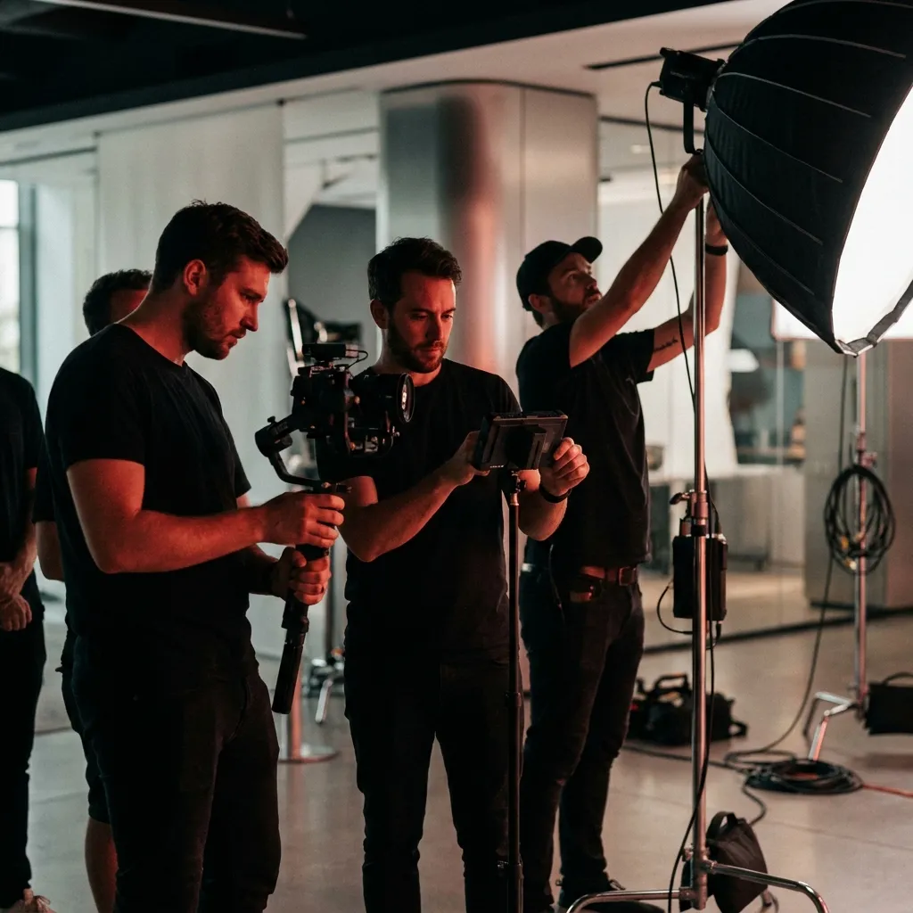 Content Creation: Videoteam richtet Licht und Kamera für einen Social-Media-Dreh ein