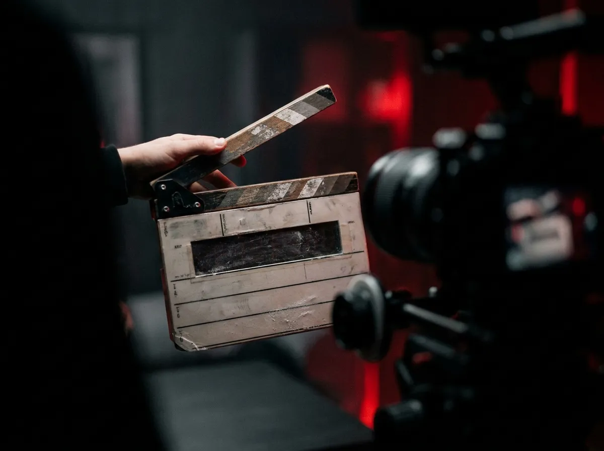 Filmklappe vor einer Cinema-Kamera am Set – professionelle Videoproduktion von DREMAZE Media