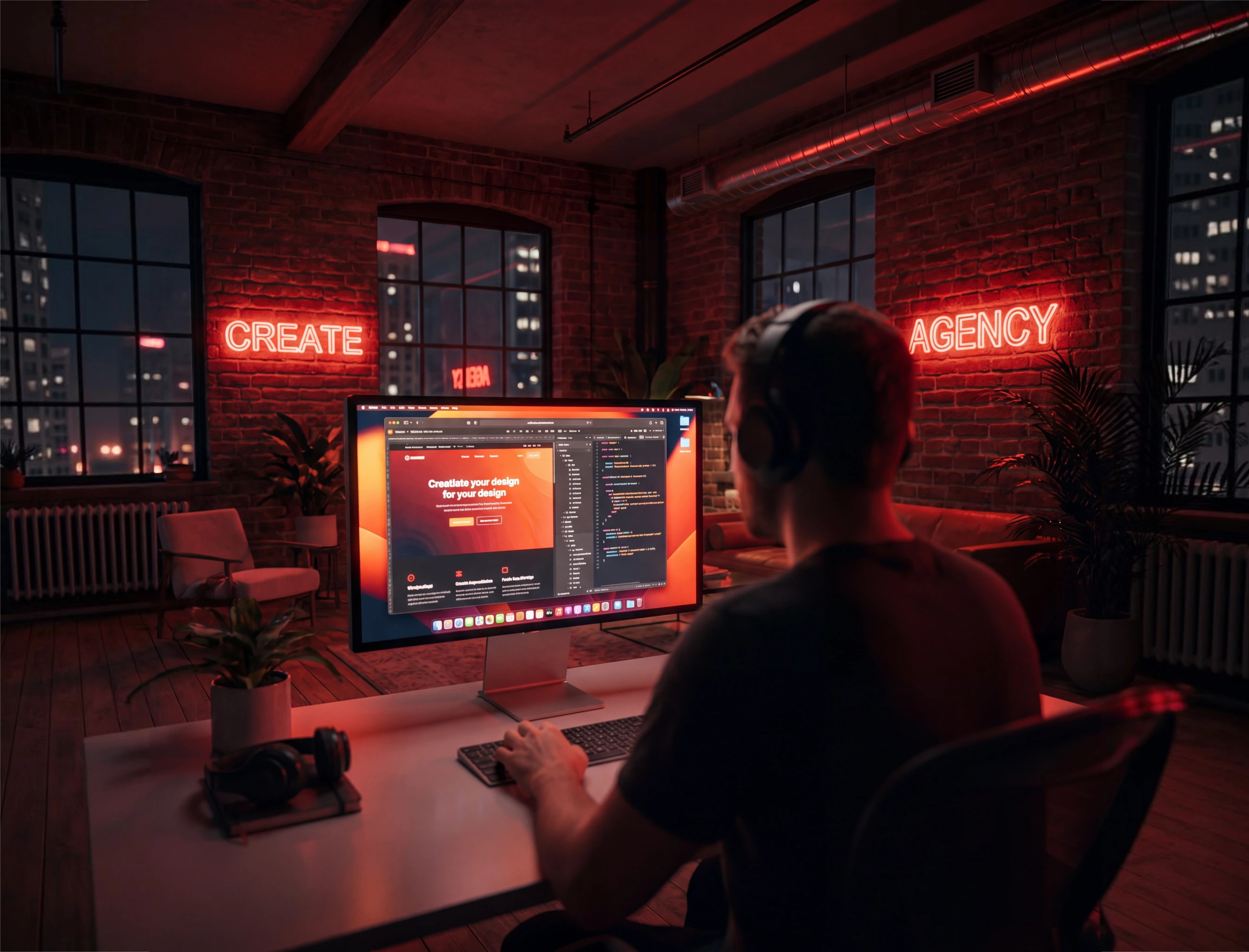 Webentwickler mit Kopfhörern programmiert eine Website im Agentur-Loft mit Neonschriftzügen Create und Agency