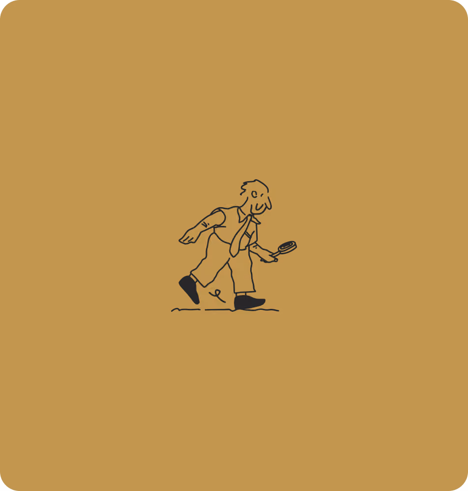 Cartoon man with tie walking and examining ground with magnifying glass.
