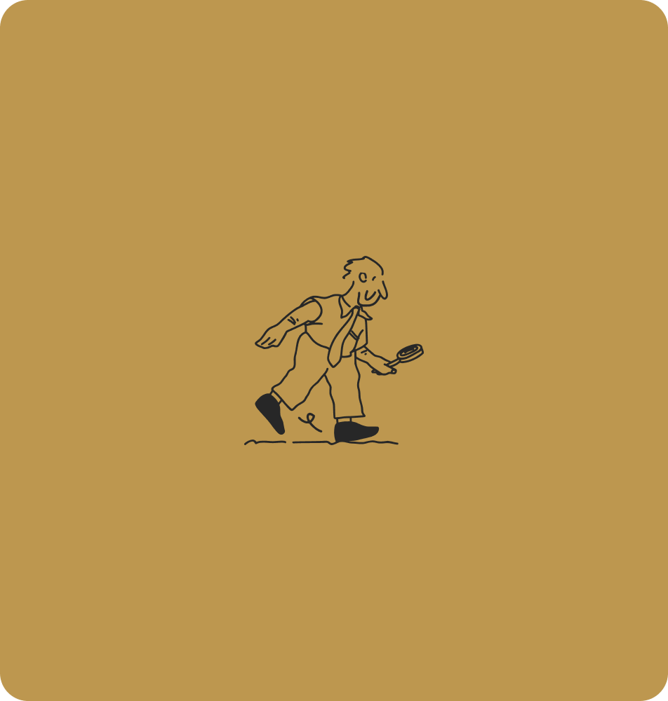 Cartoon man with tie walking and examining ground with magnifying glass.