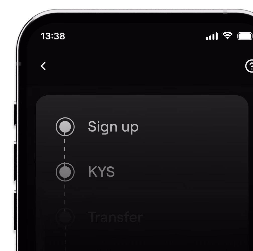 Экран телефона с этапами регистрации: Sign up, KYS, Transfer, где выбран пункт KYS.