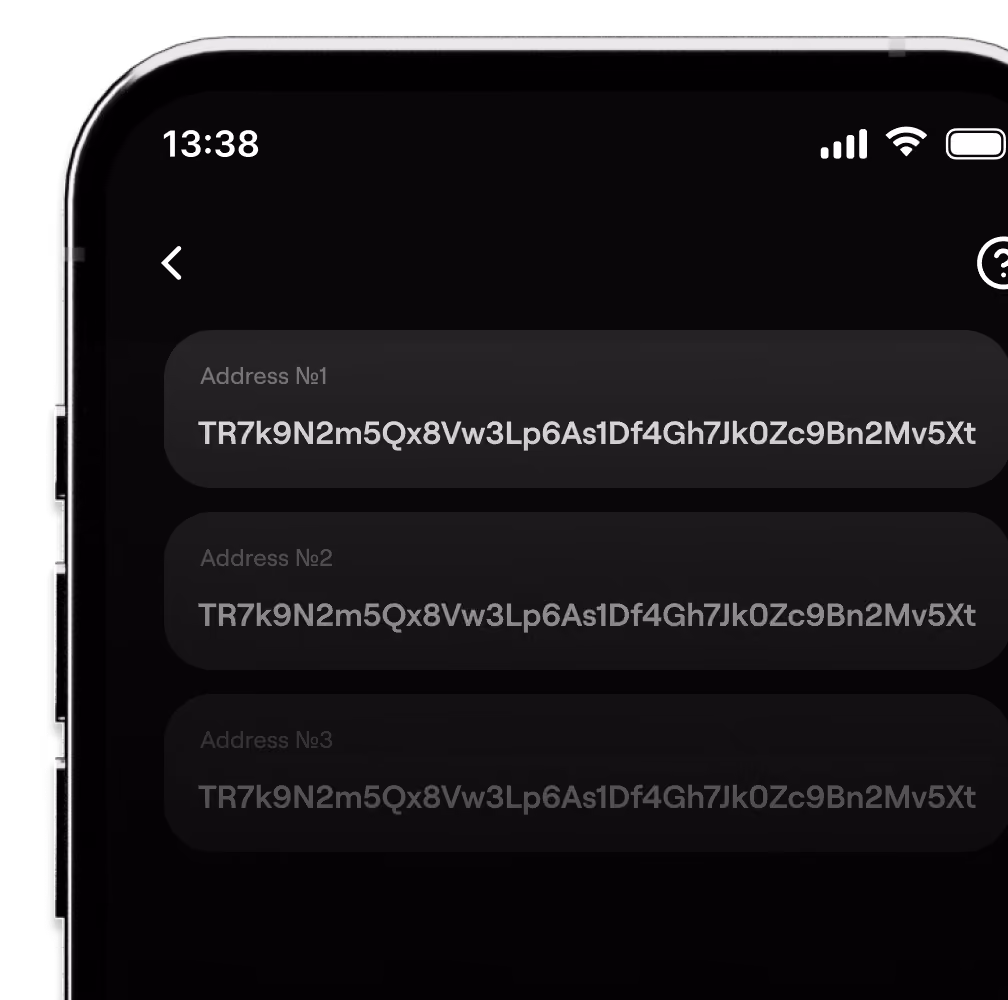Экран телефона с тремя текстовыми полями, каждый содержит одинаковый криптоадрес.