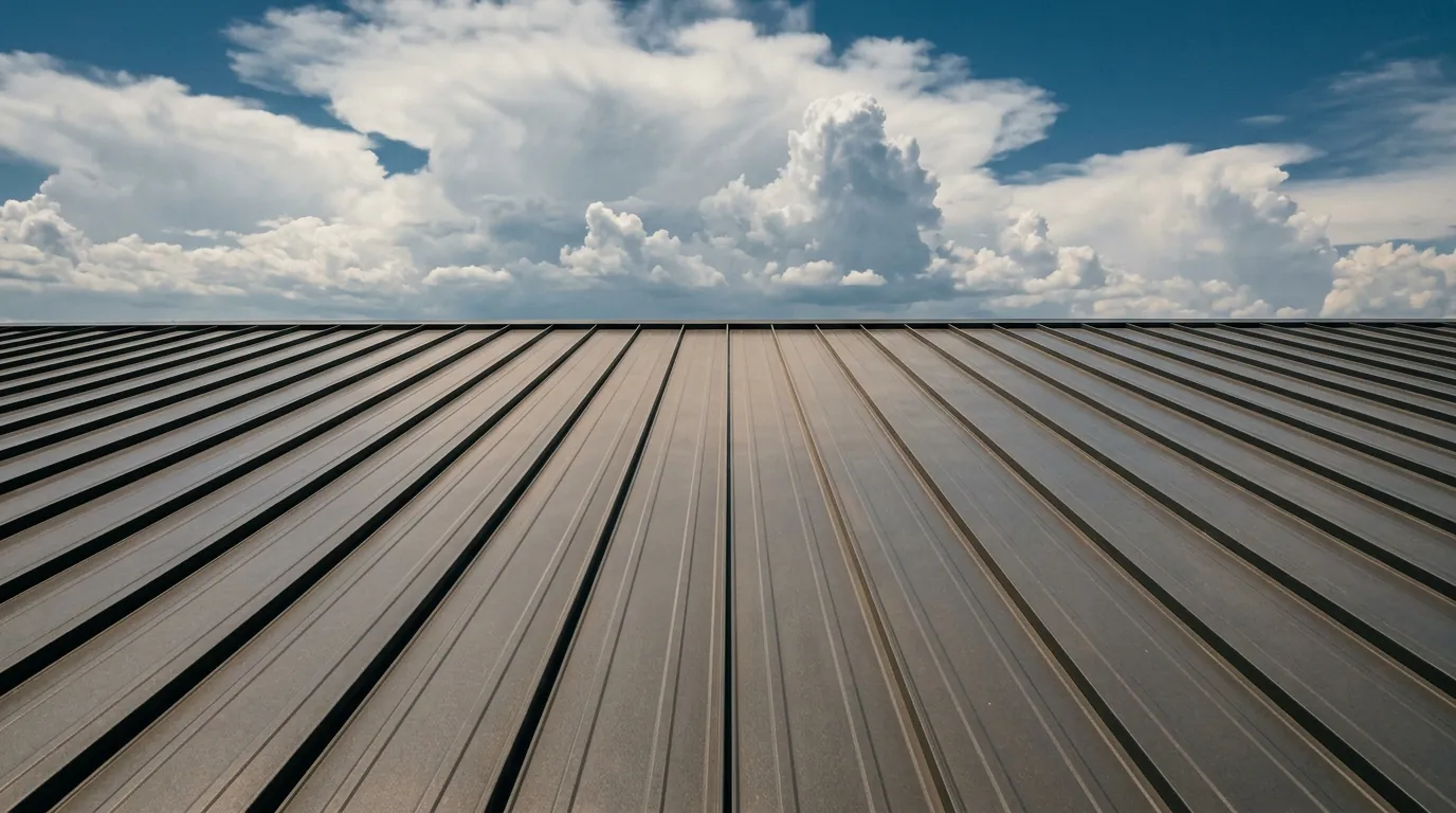 Standing-seam metal roof under a bright Texas sky with towering cumulus clouds