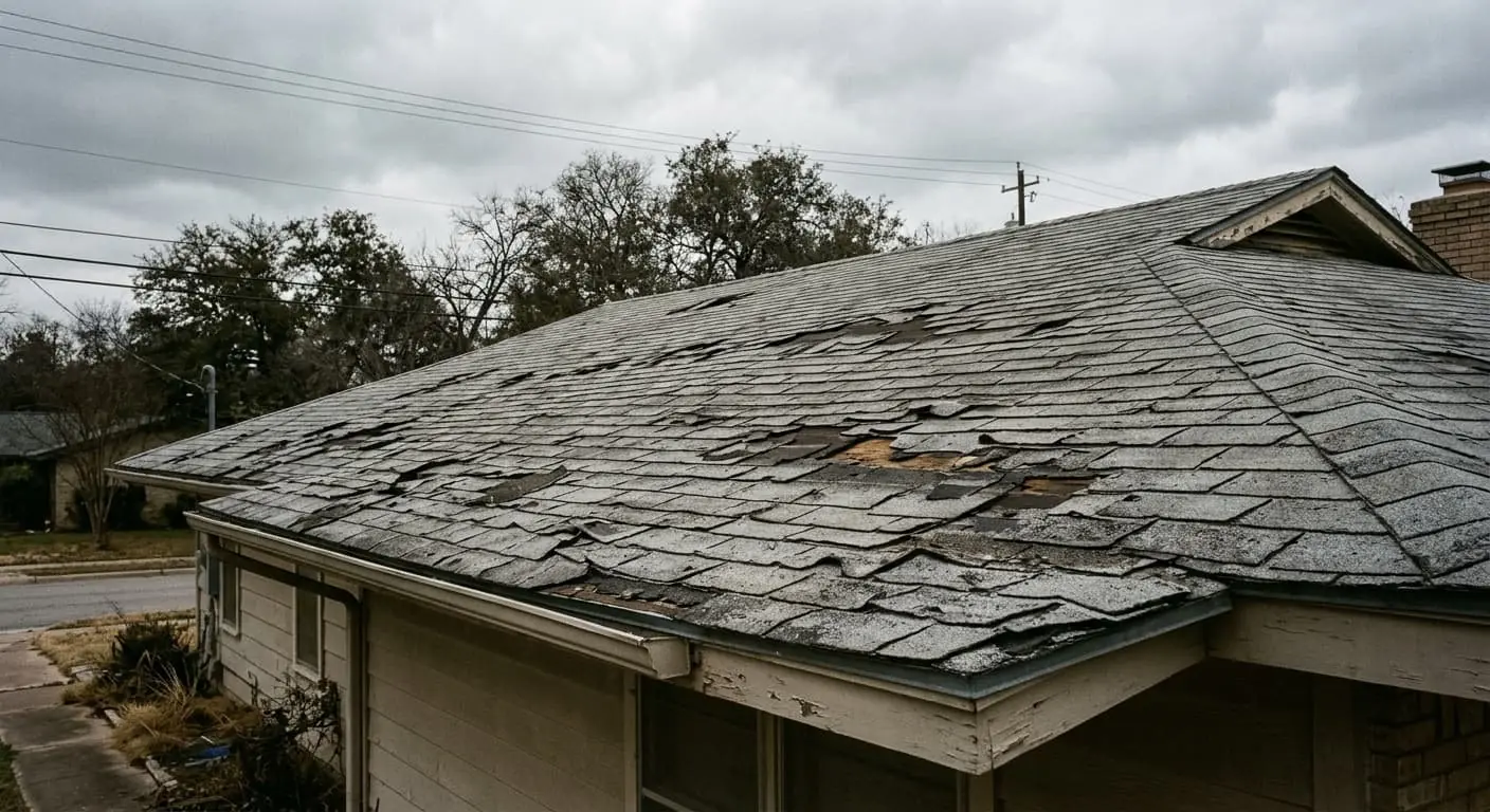 Aged asphalt shingle roof before replacement