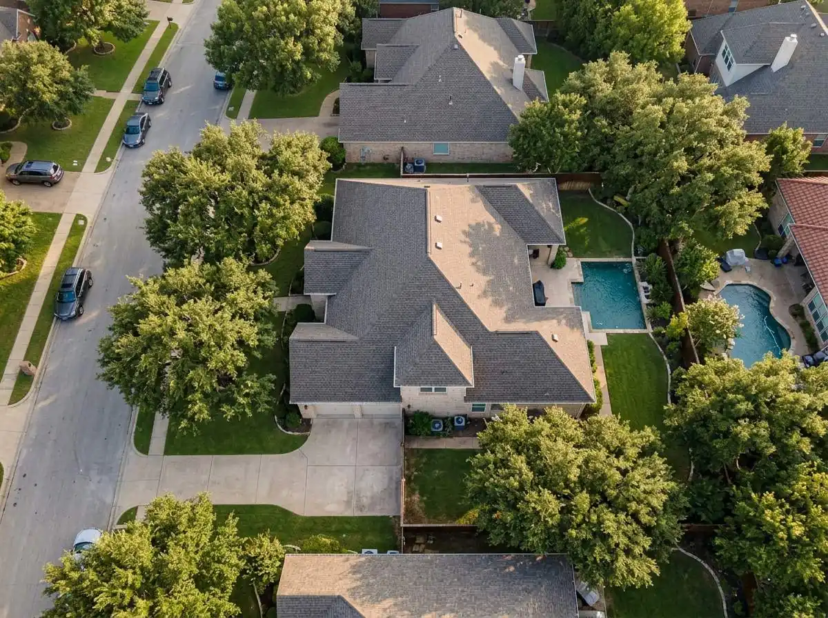 Drone top-down view of a completed shingle roof
