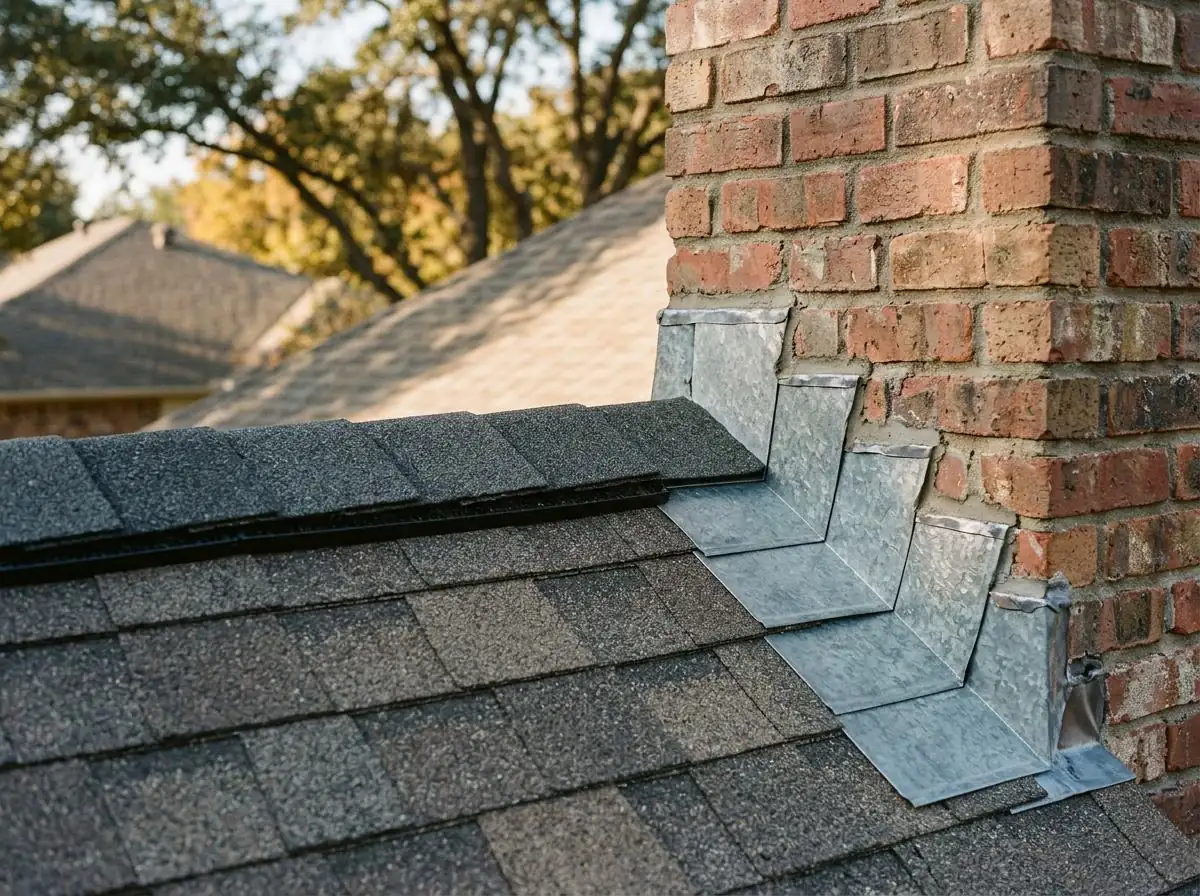 Ridge cap and step flashing detail at a brick chimney