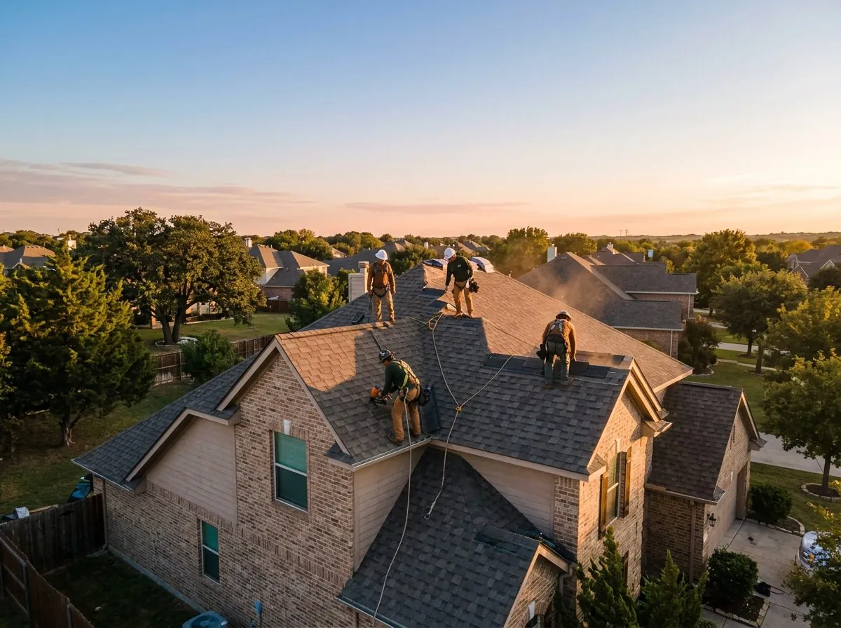 Purlin crew at work on a completed roofing project