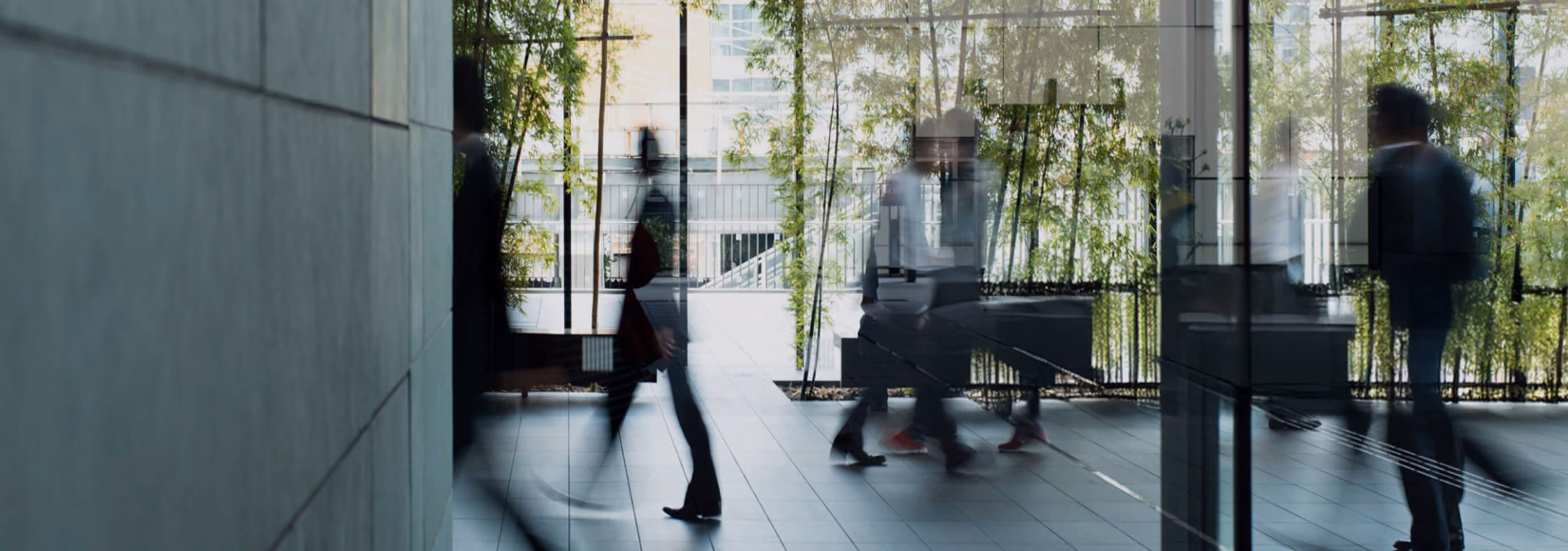 People walking through a glass-walled office lobby
